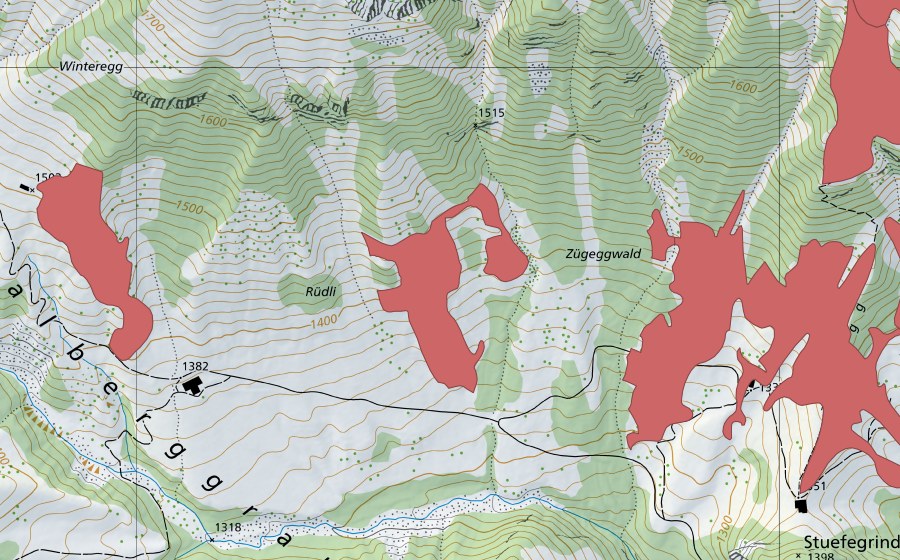 Carte nationale swisstopo avec le périmètre protégé de Rüdli (Prairie sèche)