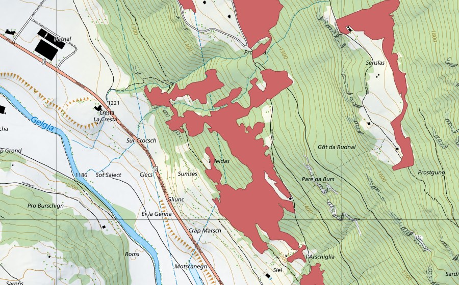 Carte nationale swisstopo avec le périmètre protégé de Rudnal (Prairie sèche)