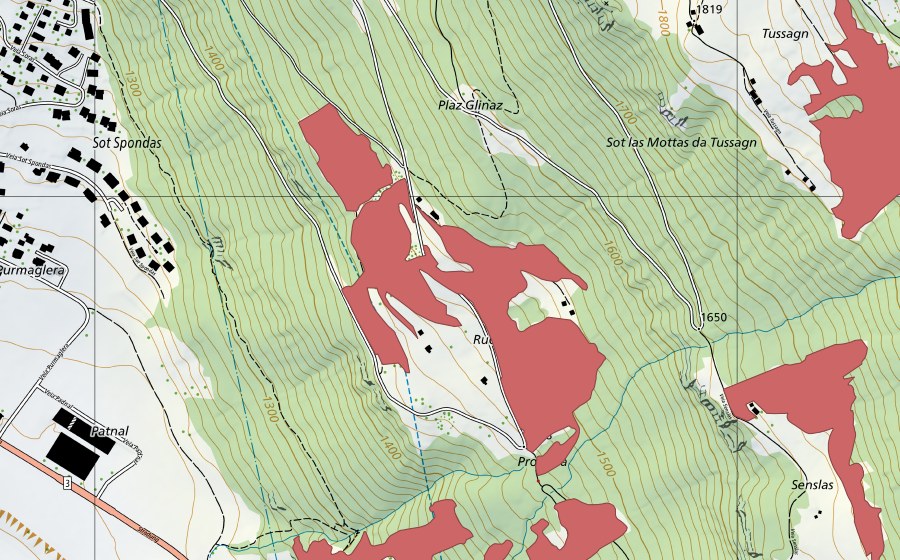 Carte nationale swisstopo avec le périmètre protégé de Rudnal (Prairie sèche)