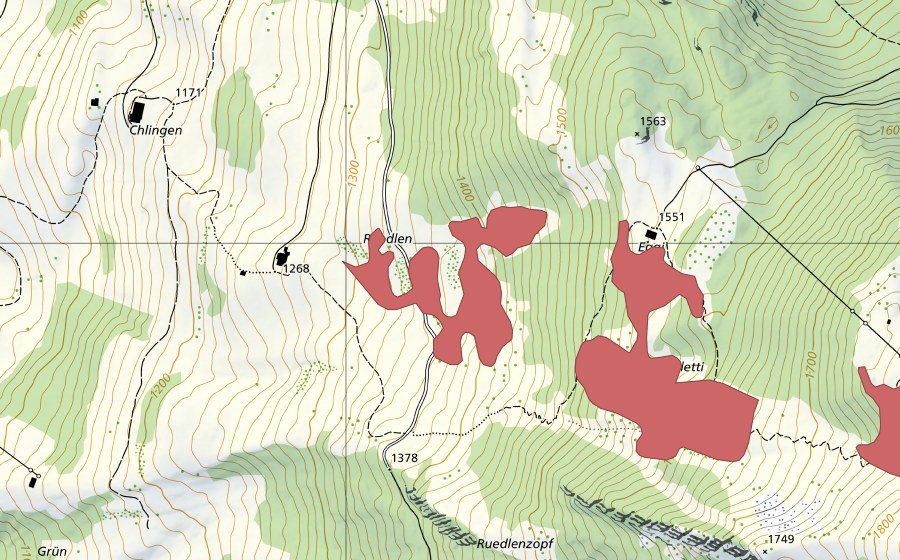 Carte nationale swisstopo avec le périmètre protégé de Ruedlen (Prairie sèche)