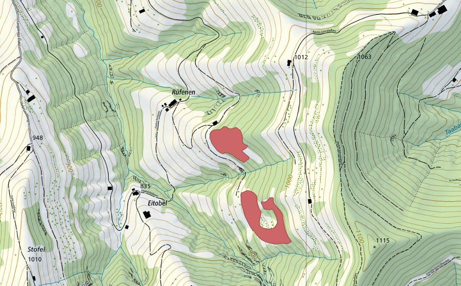 Carte nationale swisstopo avec le périmètre protégé de Rüfenen (Prairie sèche)