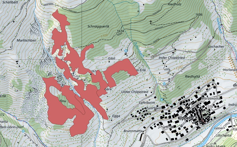 Carte nationale swisstopo avec le périmètre protégé de Rufinu (Prairie sèche)