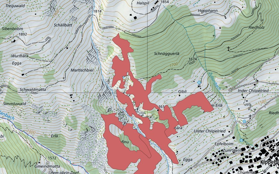 Carte nationale swisstopo avec le périmètre protégé de Rufinu (Prairie sèche)