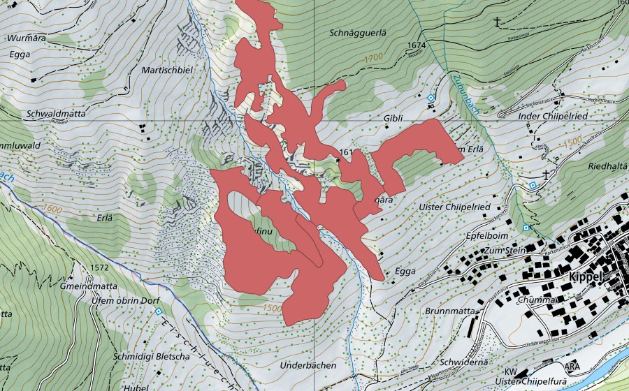 Carte nationale swisstopo avec le périmètre protégé de Rufinu (Prairie sèche)