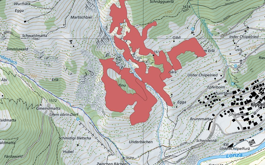 Carte nationale swisstopo avec le périmètre protégé de Rufinu (Prairie sèche)