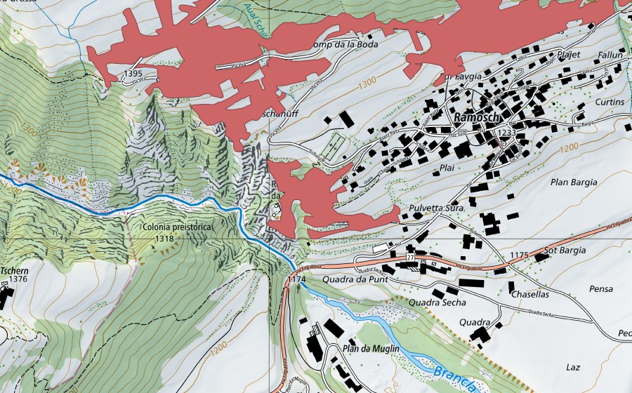 Carte nationale swisstopo avec le périmètre protégé de Ruina Tschanüff (Prairie sèche)