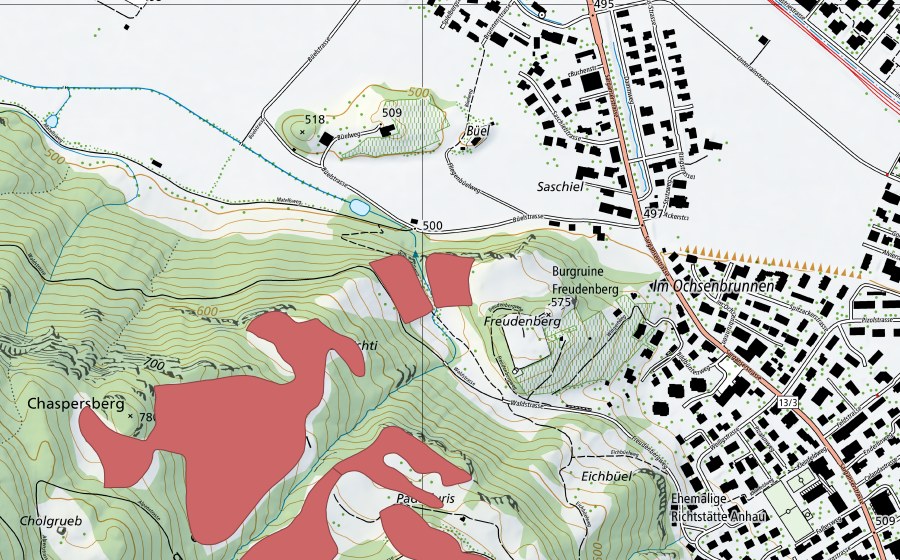 Landeskarte swisstopo mit dem Schutzperimeter von Ruine Freudenberg (Trockenwiese)