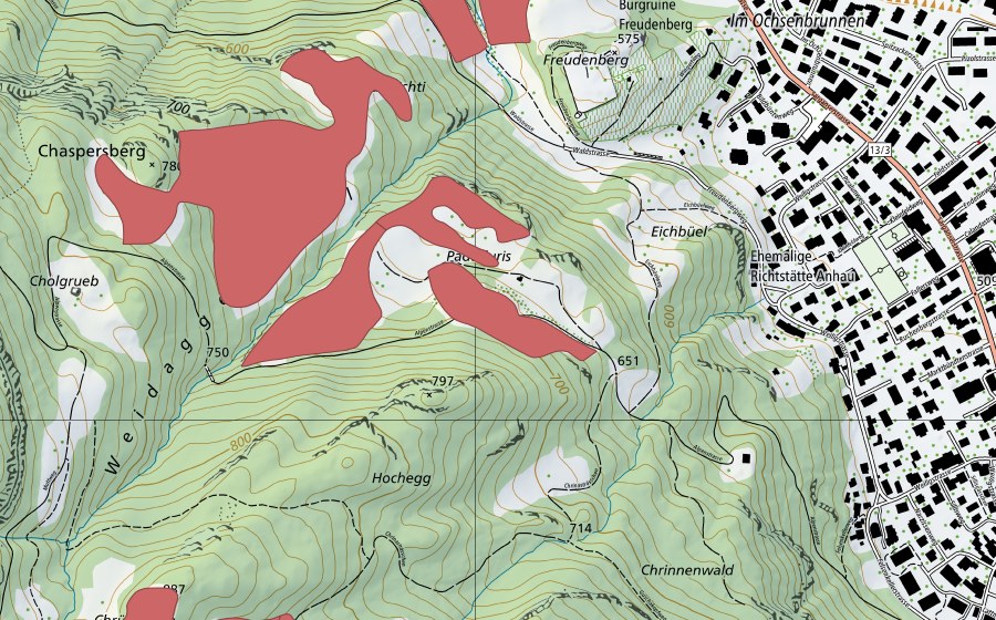Carte nationale swisstopo avec le périmètre protégé de Ruine Freudenberg (Prairie sèche)