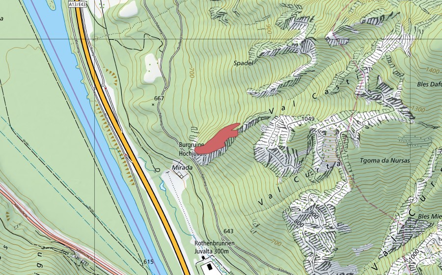 Landeskarte swisstopo mit dem Schutzperimeter von Ruine Nieder Juvalta (Trockenwiese)