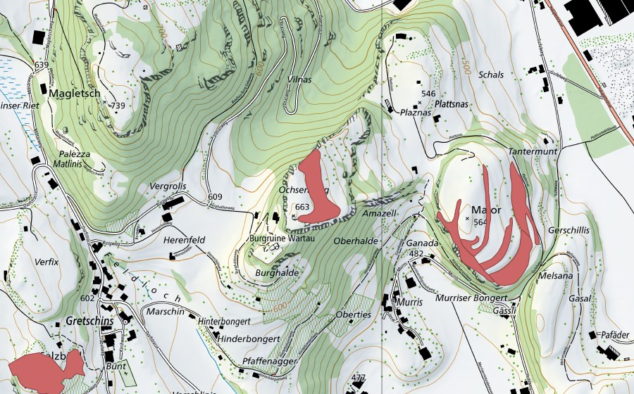 swisstopo national map showing the protected perimeter of Ruine Wartau (Dry meadow)