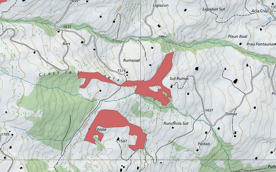 swisstopo national map showing the protected perimeter of Rumassal (Dry meadow)