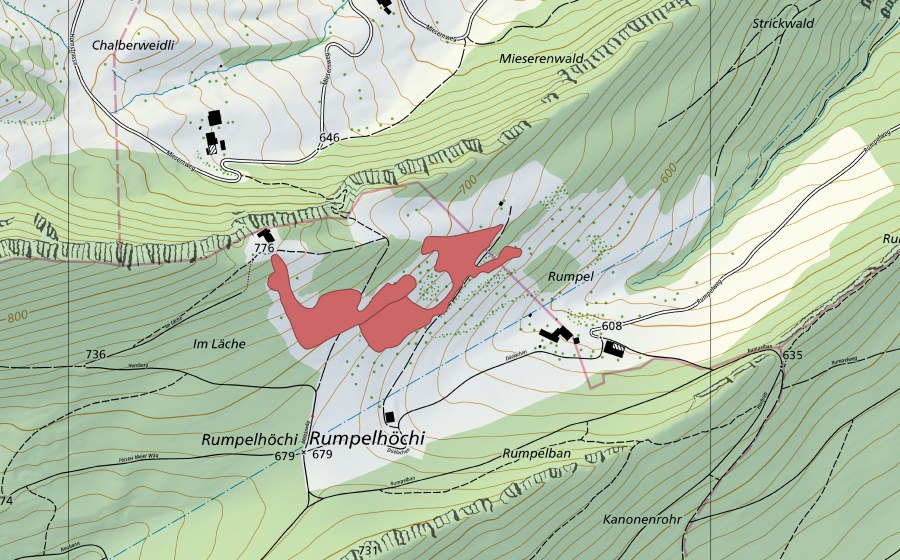Carte nationale swisstopo avec le périmètre protégé de Rumpel (Prairie sèche)