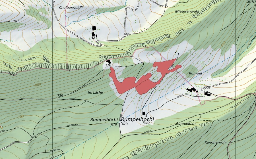 Carte nationale swisstopo avec le périmètre protégé de Rumpel (Prairie sèche)