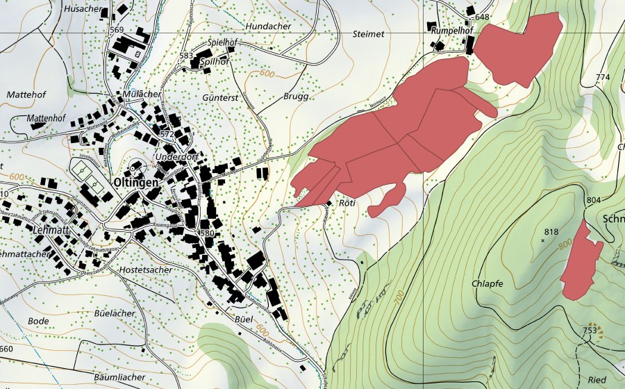 Carte nationale swisstopo avec le périmètre protégé de Rumpel (Prairie sèche)