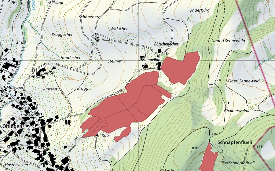Landeskarte swisstopo mit dem Schutzperimeter von Rumpel (Trockenwiese)