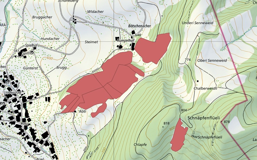 swisstopo national map showing the protected perimeter of Rumpel (Dry meadow)
