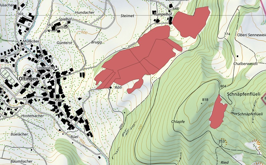 Landeskarte swisstopo mit dem Schutzperimeter von Rumpel (Trockenwiese)