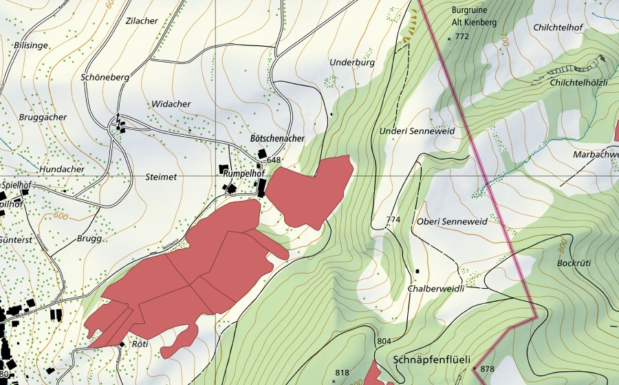 Carte nationale swisstopo avec le périmètre protégé de Rumpel (Prairie sèche)