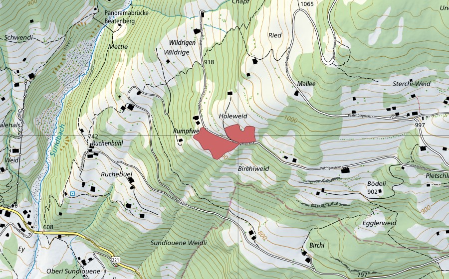 Landeskarte swisstopo mit dem Schutzperimeter von Rumpfweidli (Trockenwiese)