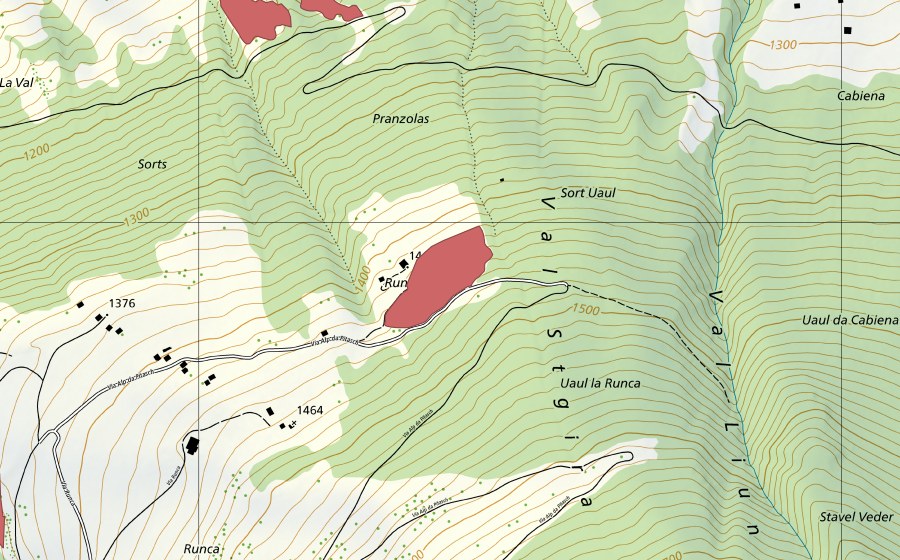 Landeskarte swisstopo mit dem Schutzperimeter von Runca (Trockenwiese)