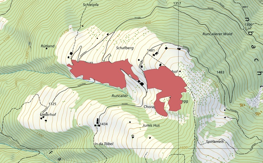 swisstopo national map showing the protected perimeter of Runcalier (Dry meadow)