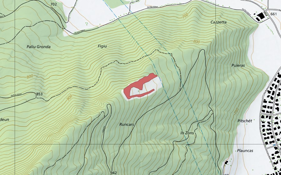 Carte nationale swisstopo avec le périmètre protégé de Runcars (Prairie sèche)