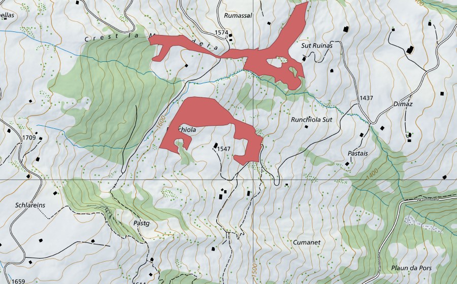 Carte nationale swisstopo avec le périmètre protégé de Runchiola (Prairie sèche)