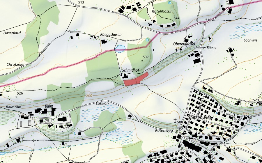 Carte nationale swisstopo avec le périmètre protégé de Rüssel (Prairie sèche)
