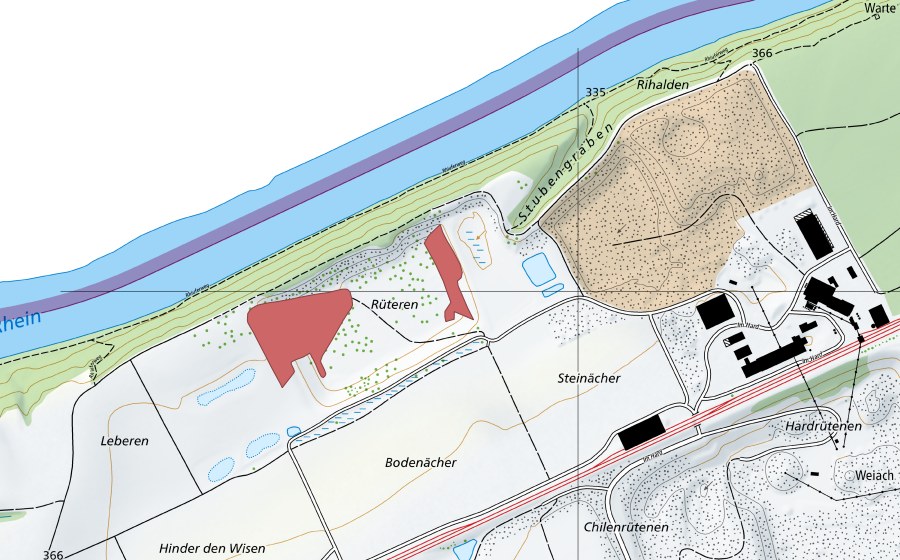 Carte nationale swisstopo avec le périmètre protégé de Rüteren (Prairie sèche)
