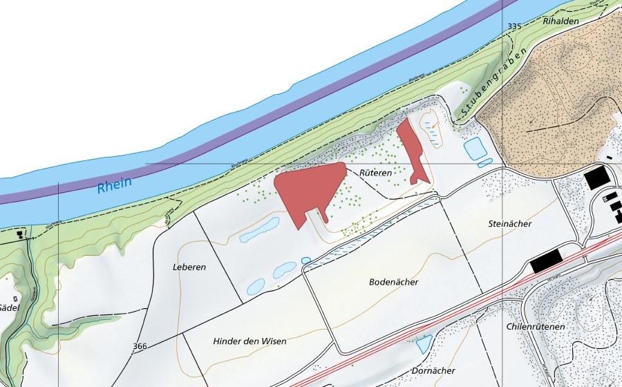 Carte nationale swisstopo avec le périmètre protégé de Rüteren (Prairie sèche)