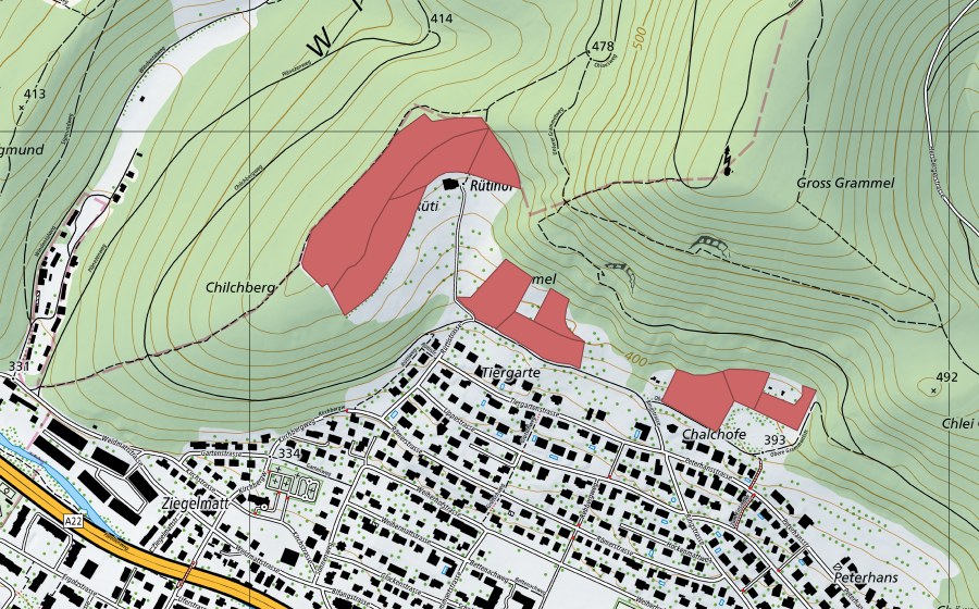 Carte nationale swisstopo avec le périmètre protégé de Rüti (Prairie sèche)