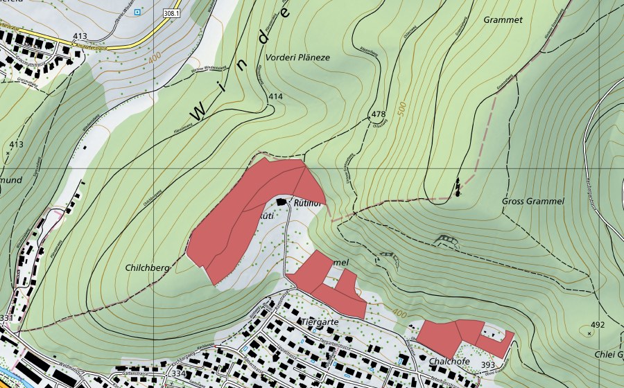 Landeskarte swisstopo mit dem Schutzperimeter von Rüti (Trockenwiese)