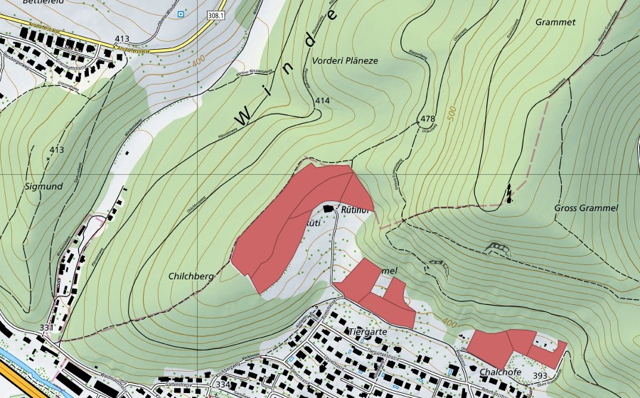 Landeskarte swisstopo mit dem Schutzperimeter von Rüti (Trockenwiese)