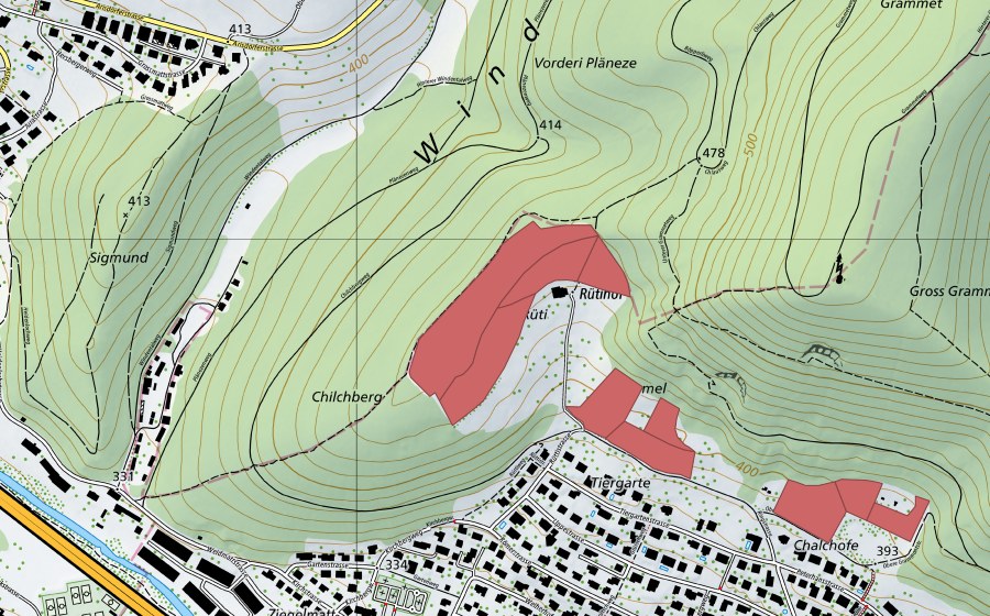 Landeskarte swisstopo mit dem Schutzperimeter von Rüti (Trockenwiese)
