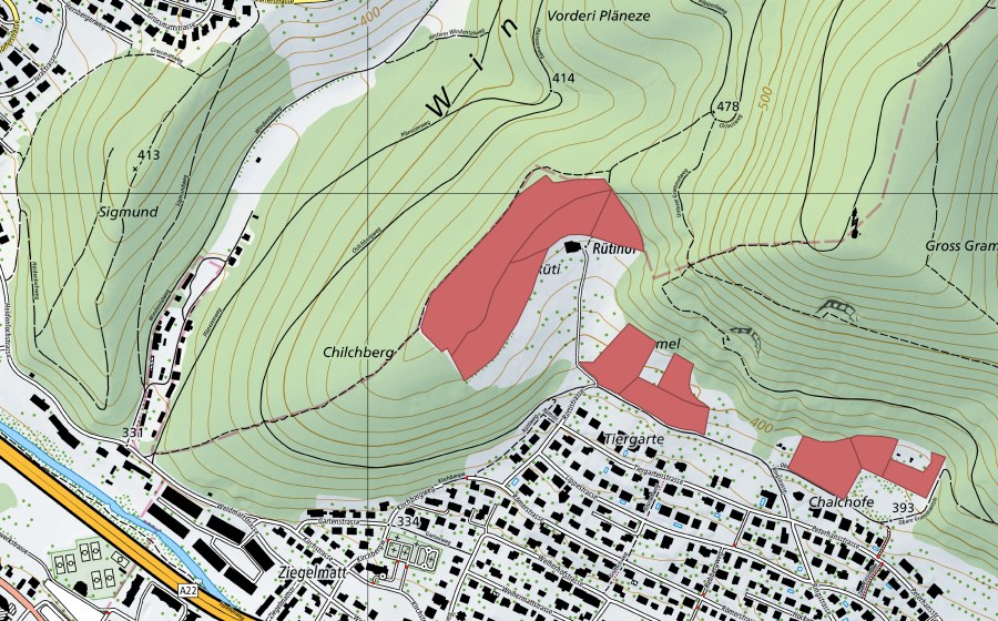 Carte nationale swisstopo avec le périmètre protégé de Rüti (Prairie sèche)