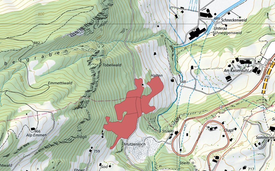 Carte nationale swisstopo avec le périmètre protégé de Rütinen (Prairie sèche)