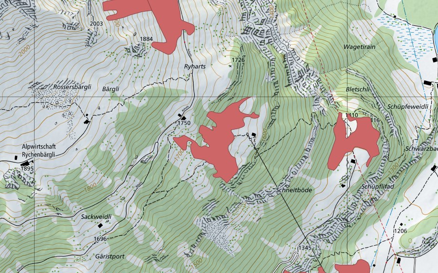 Carte nationale swisstopo avec le périmètre protégé de Ryharts (Prairie sèche)