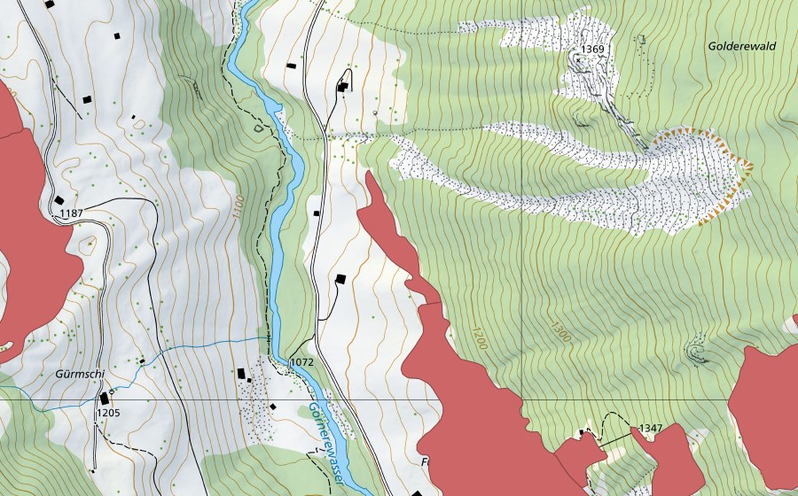 Carte nationale swisstopo avec le périmètre protégé de Ryschere (Prairie sèche)