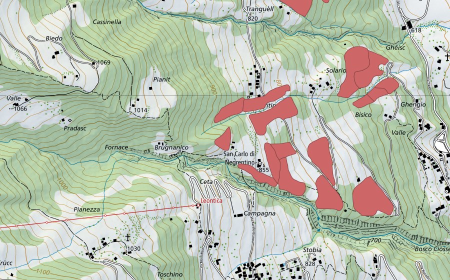 Landeskarte swisstopo mit dem Schutzperimeter von S. Carlo di Negrentino (Trockenwiese)