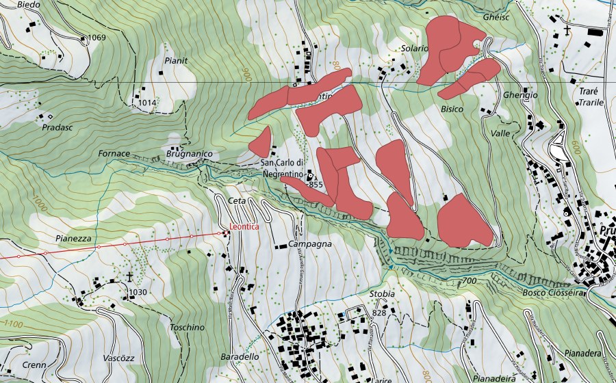 Landeskarte swisstopo mit dem Schutzperimeter von S. Carlo di Negrentino (Trockenwiese)