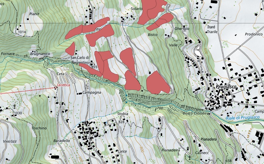 Landeskarte swisstopo mit dem Schutzperimeter von S. Carlo di Negrentino (Trockenwiese)