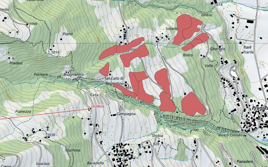 Landeskarte swisstopo mit dem Schutzperimeter von S. Carlo di Negrentino (Trockenwiese)