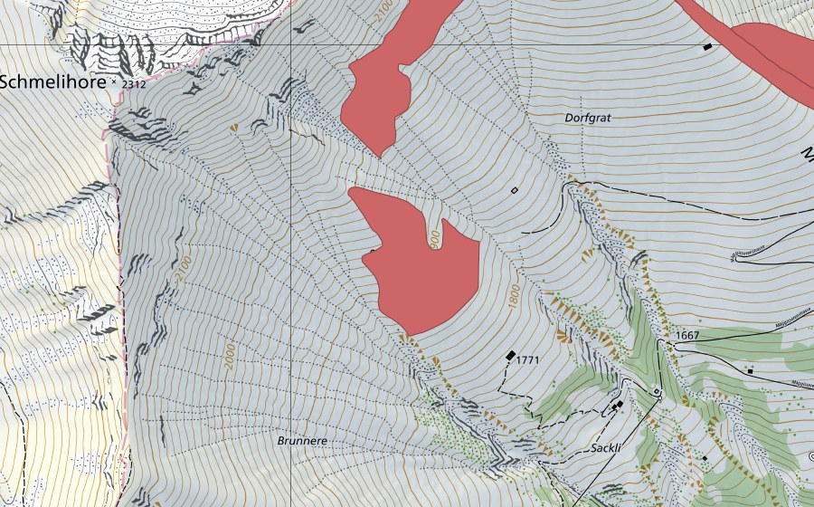 Landeskarte swisstopo mit dem Schutzperimeter von Sackli (Trockenwiese)
