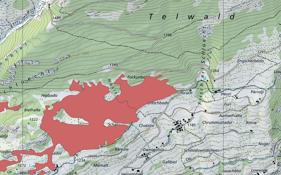 Landeskarte swisstopo mit dem Schutzperimeter von Sädol (Trockenwiese)