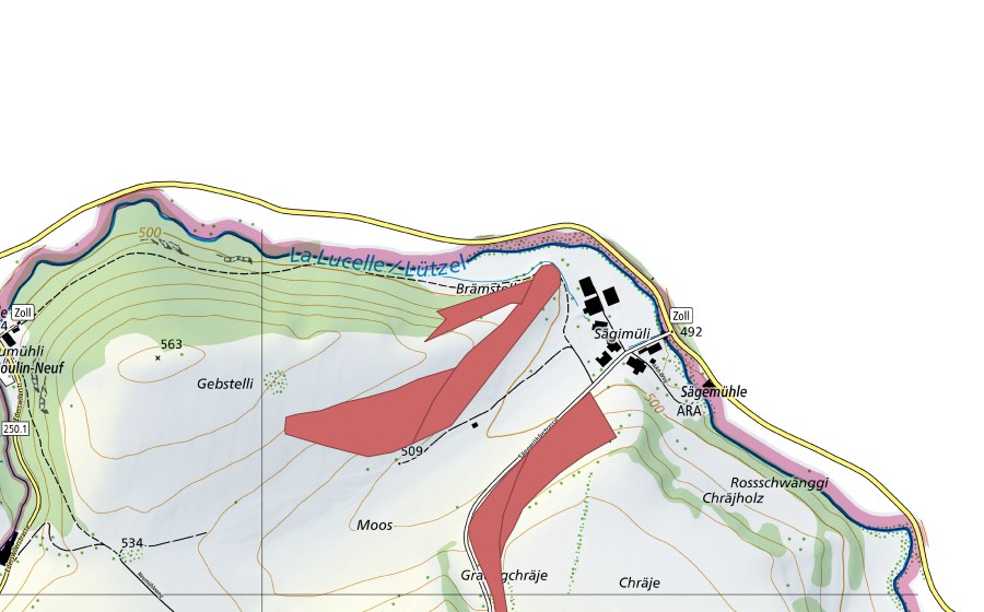Landeskarte swisstopo mit dem Schutzperimeter von Sägemühle (Trockenwiese)