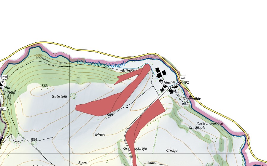 Landeskarte swisstopo mit dem Schutzperimeter von Sägemühle (Trockenwiese)