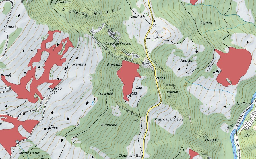 Carte nationale swisstopo avec le périmètre protégé de Sais (Prairie sèche)