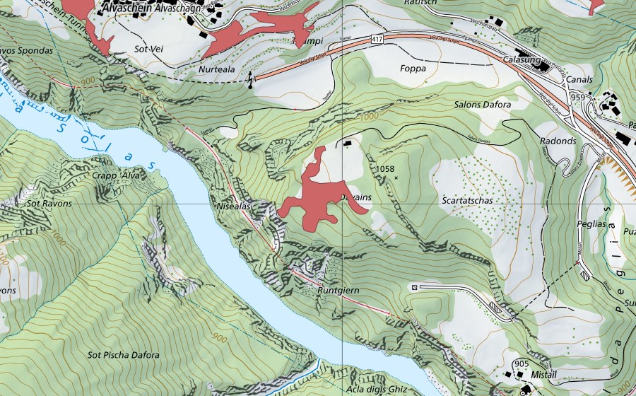Carte nationale swisstopo avec le périmètre protégé de Salons (Prairie sèche)