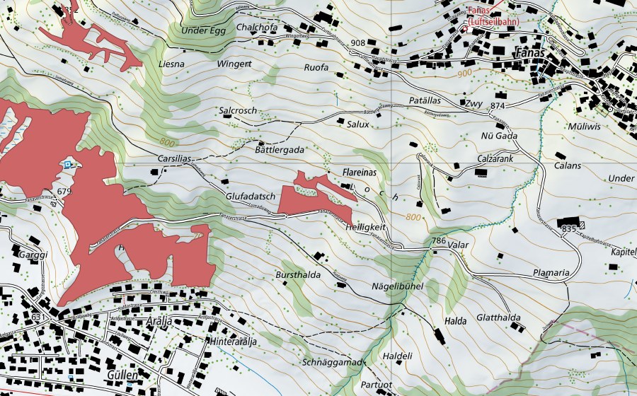 Landeskarte swisstopo mit dem Schutzperimeter von Salux (Trockenwiese)