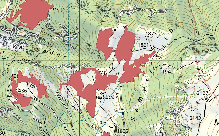 Carte nationale swisstopo avec le périmètre protégé de Samest Sura (Prairie sèche)